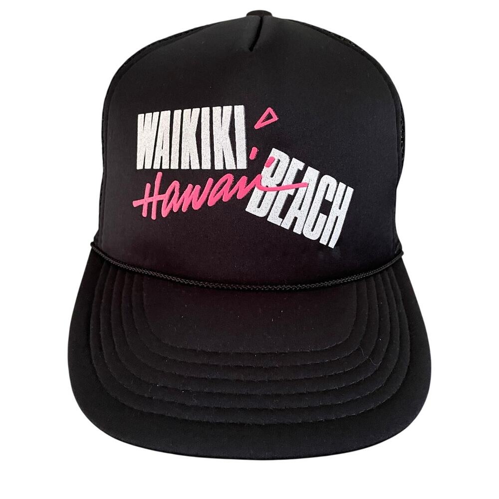 VTG 90s Hawaii Waikiki Beach Black Trucker Snapback Hat OSFA